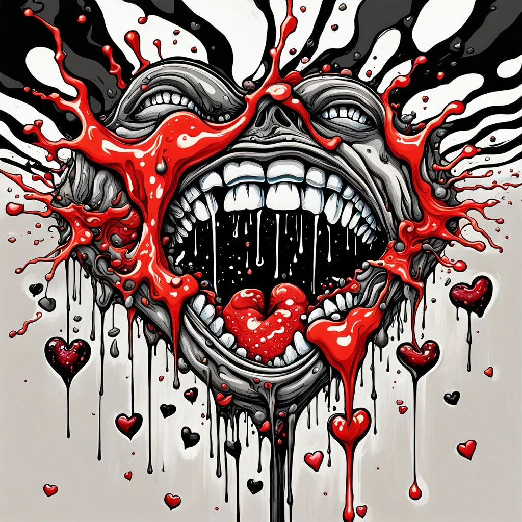 Surreal digital illustration of only a floating mouth that is puking out a psychedelic lovesick hearts covered in spit, spilling from the large pair of cartoonist , Camilla d'ericaoverexaggerated lips, manga inspired, absurdist, postmodern, only black and grey color palette, crude, fluid acrylic paint, epoxy resin , acrylic pour, unusual colors, trippy, gross, abstract, pulp fiction art style illustration, behance, grotesque, lovesick,