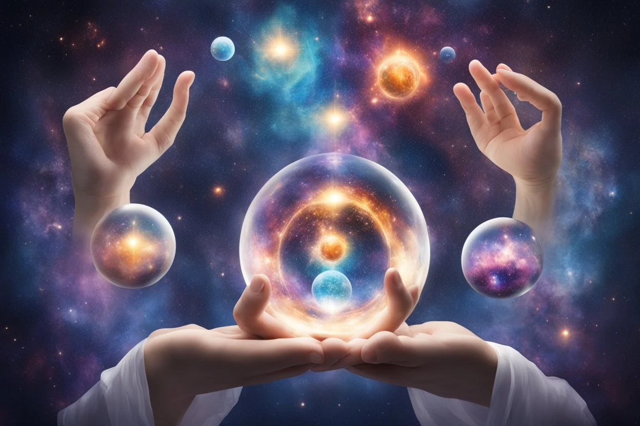 kundalini, connected to the universe, few colours of galaxy, holding galaxies in few hands in glass balls