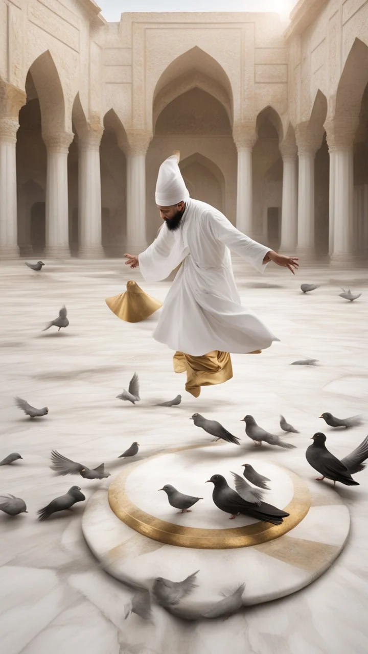 Hyper Realistic Sufi Whirling on stone floor with white & Golden Islamic Sufi Rustic Grungy Background outside white marble Islamic monument with pigeons flying