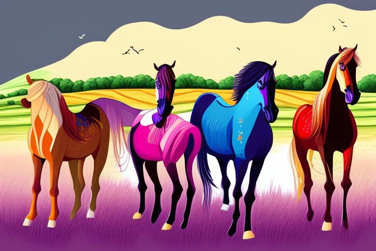 illustration horses of different colors in a field from afar