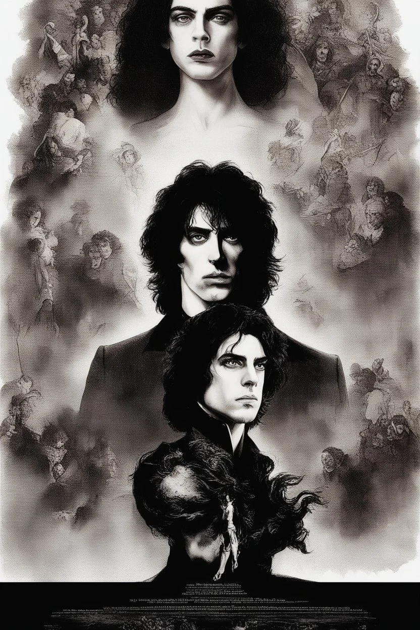 Movie Poster -- "Immortal Soul," Starring Paul Stanley as the evil vampire and Timothee Chalamet as Malcolm Stark - After witnessing the murder of his wife, at the hands of an evil vampire, he vows to avenge her death - in the art style of Boris Vallejo, Frank Frazetta, Julie bell, Caravaggio, Rembrandt, Michelangelo, Picasso, Gilbert Stuart, Gerald Brom, Thomas Kinkade, Neal Adams, Jim Lee, Sanjulian, Thomas Kinkade, Jim Lee,