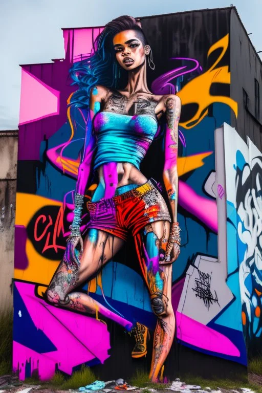 graffiti art on the back side of an abandoned building portraying a female super model posing confidently, 8k, highly detailed, centered, epic composition, graffiti art, splash art, street art, spray paint, oil gouache melting, acrylic, high contrast, colorful polychromatic, ultra detailed, ultra quality, CGSociety