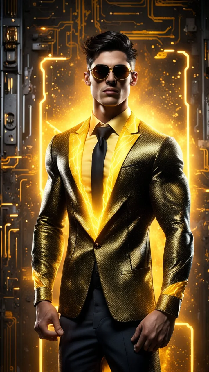 Hyper Realistic handsome muscular Electric-Superhero with short-black-hair wearing long-fancy-yellow-tuxedo-with-golden-circuit-patterns & fancy-sunglasses in a dark-rustic-circuit-room with electric-sparks-&-rays & a massive circuit-board-wall with-glowing-embers showing dramatic & cinematic ambiance.