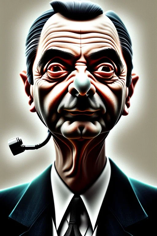 mr bean as the mafia godfather, 4k, trending art, weird perspective, realism, spray paint, detailed