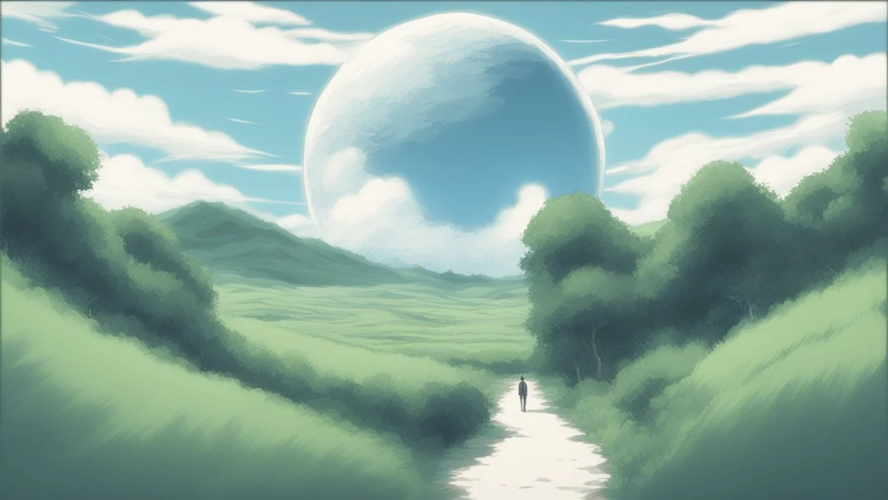 giant half transparent virtual moon, glitchy, blurry, maximum quality, centered on frame, far view, in the middle of a grassy hill, white sky with cumulonimbus, manga, makoto shinkai style