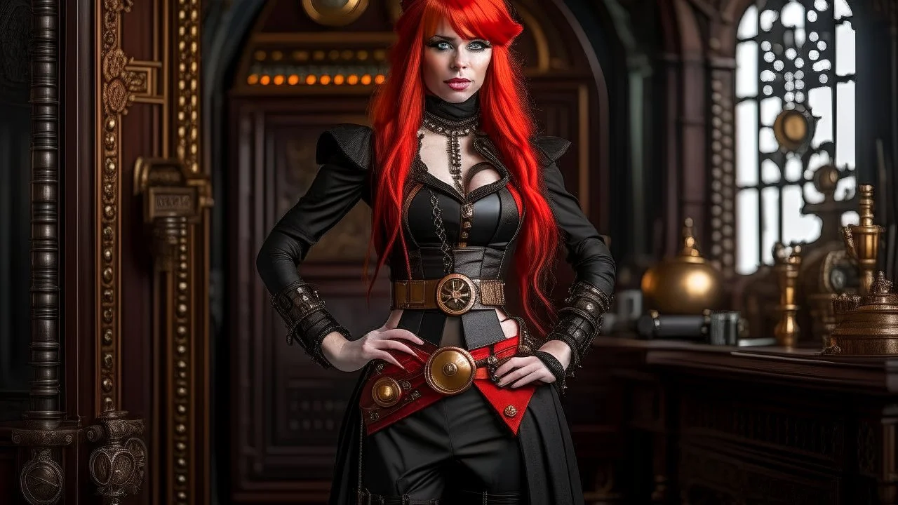 full body and headshot of a skinny Cleopatra, with long straight red hair, dressed as an assassin standing in a steampunk setting.