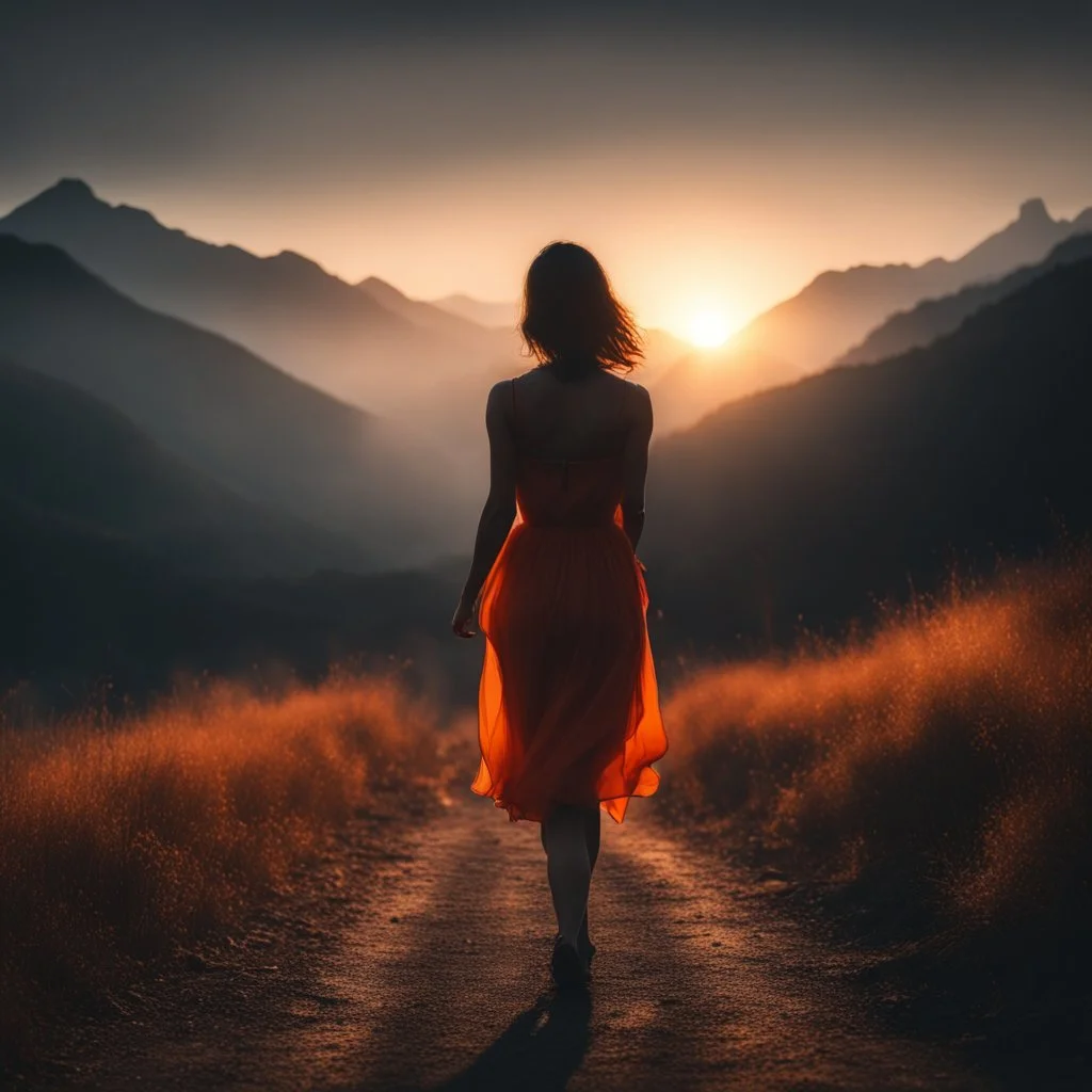 dark night, watching a woman from behind wearing a sleeveless dress who is walking towards a beautiful orange sunrise in the distance, mountains and forests around, photo quality