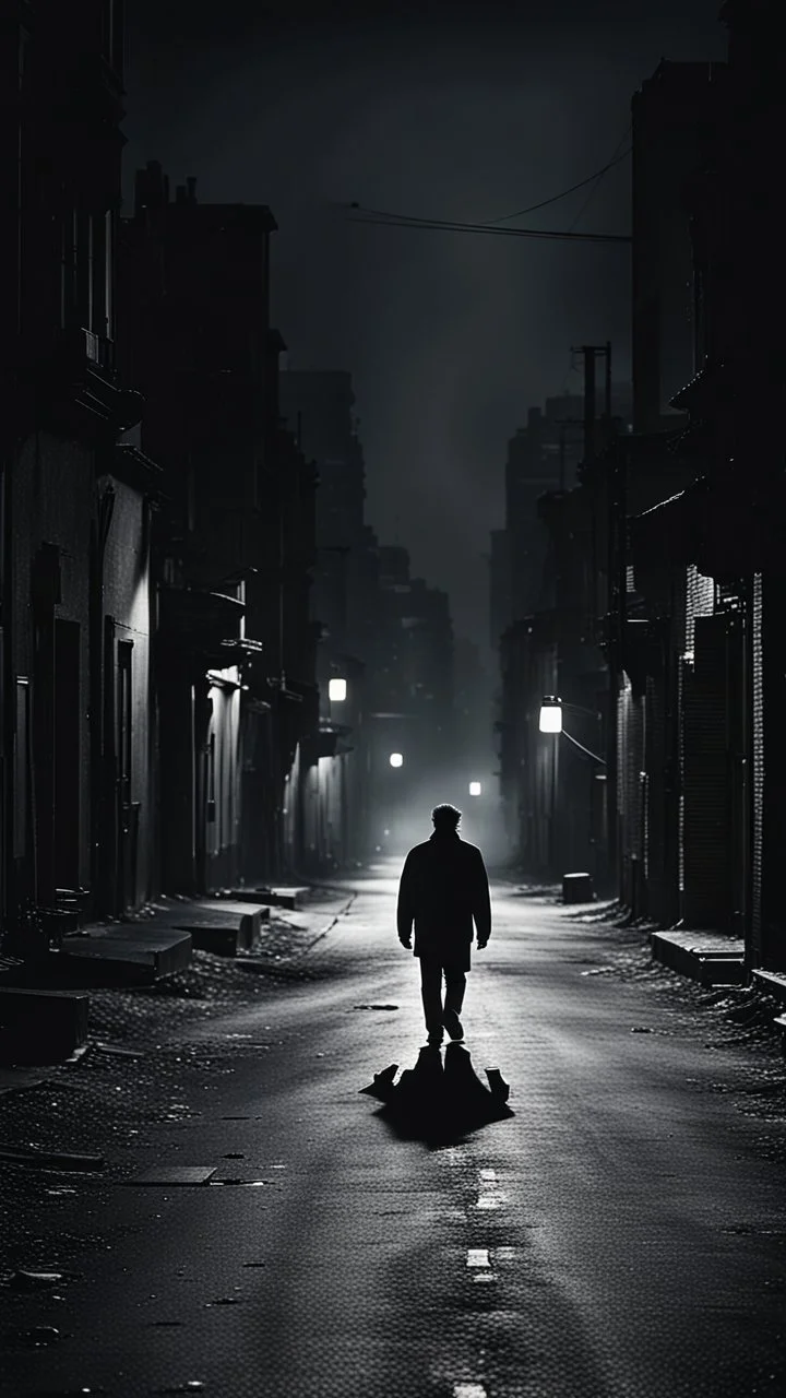 Man walking alone on a dark deserted street.