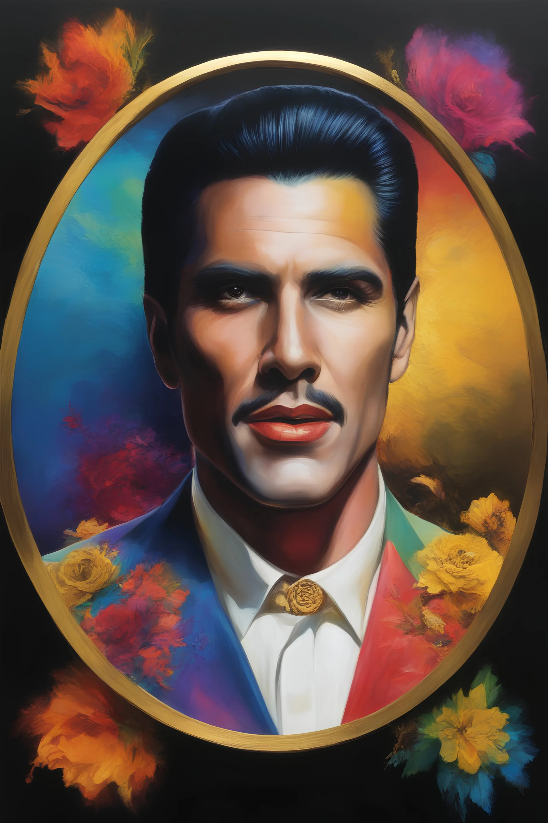 Count Dracula's face inside a small gold circle, Elvis Presley/Michael Jackson/Henry Cavill/Leonard Nimoy, multicolored, large, Floral/rainbow designs, atmospheric, beautiful, bright, vibrant colors, pitch-black background, oil painting by Boris Vallejo, 4k UHD, Photorealistic, professional quality