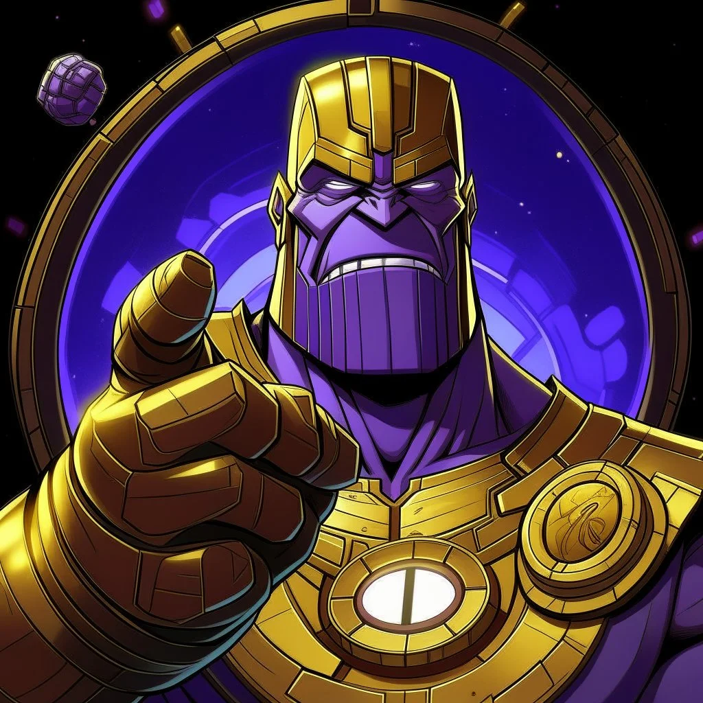 thanos showing off infinity gauntlet animated inside a medalion