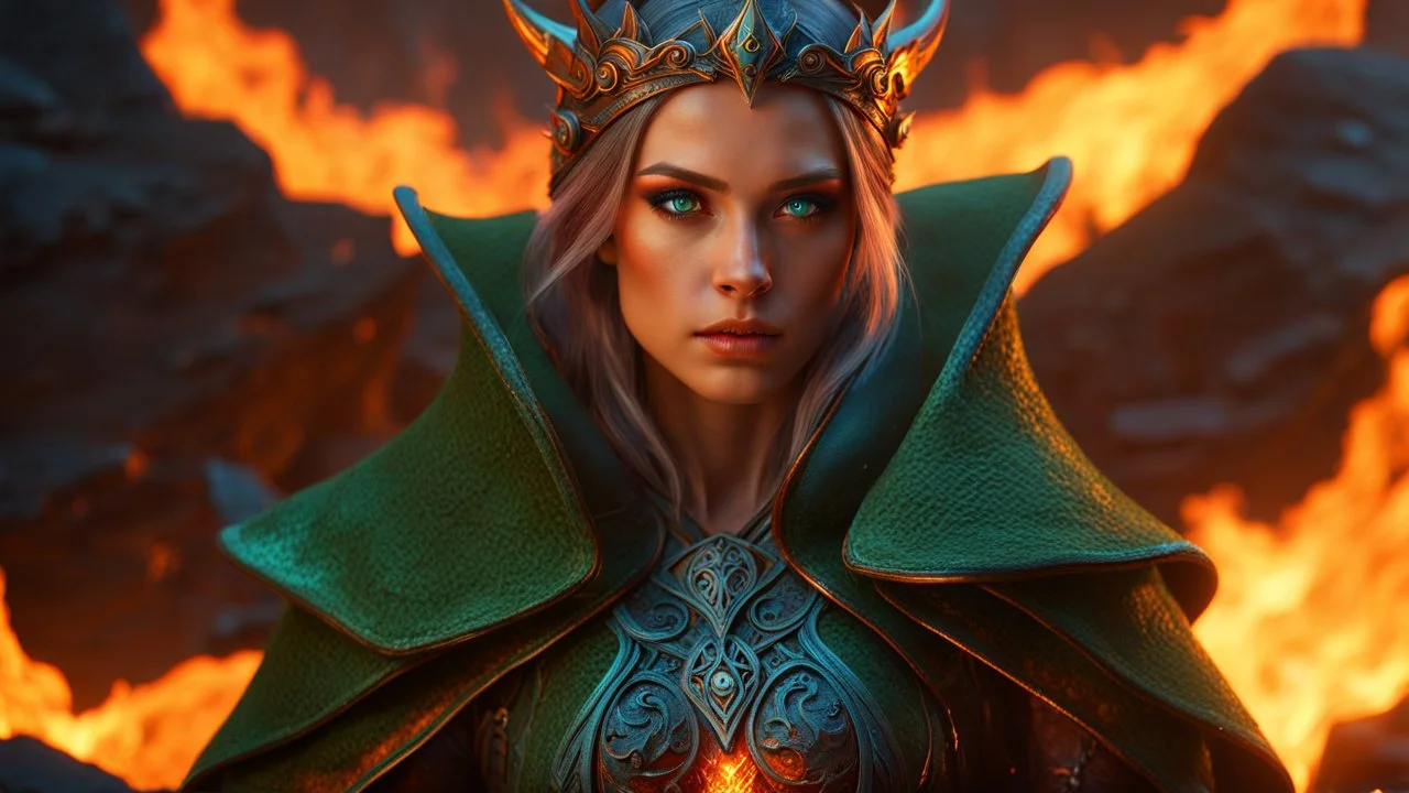 Armageddon. ragnarok. molten lava. 18 year old female sorcerer. fantastic beautiful blue eyes. green and orange fire. exquisite realism, a masterpiece, fantasy concept art, dynamic lighting, hyperdetailed, intricately detailed, deep color, Unreal Engine, volumetric lighting , Epic cinematic brilliant stunning intricate meticulously detailed dramatic atmospheric maximal, CAMERA: Nikon Z7 | FOCAL LENGTH: 105mm | SHOT TYPE: Close-up | COMPOSITION: Centered | LIGHTING: Soft, directional