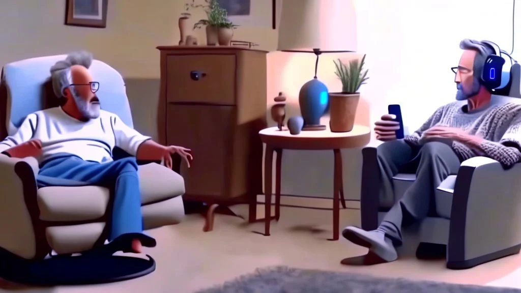 man sitting ALONE in his lazy boy chair at home argues with his AI clone on the phone