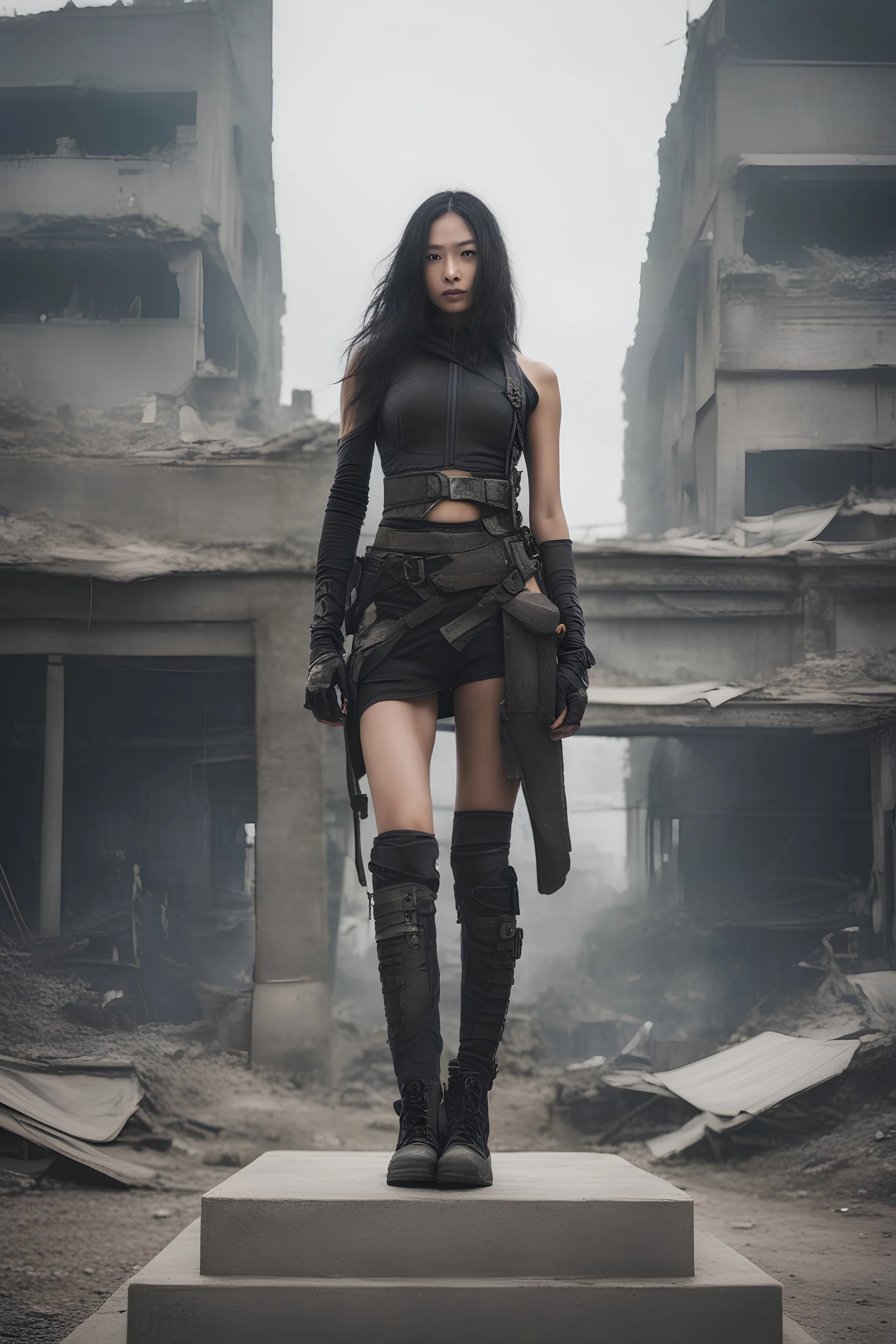 Aji Danajiu black hair, wearing superhuman clothes, standing on top of a pedestal in a post-apocalyptic wasteland