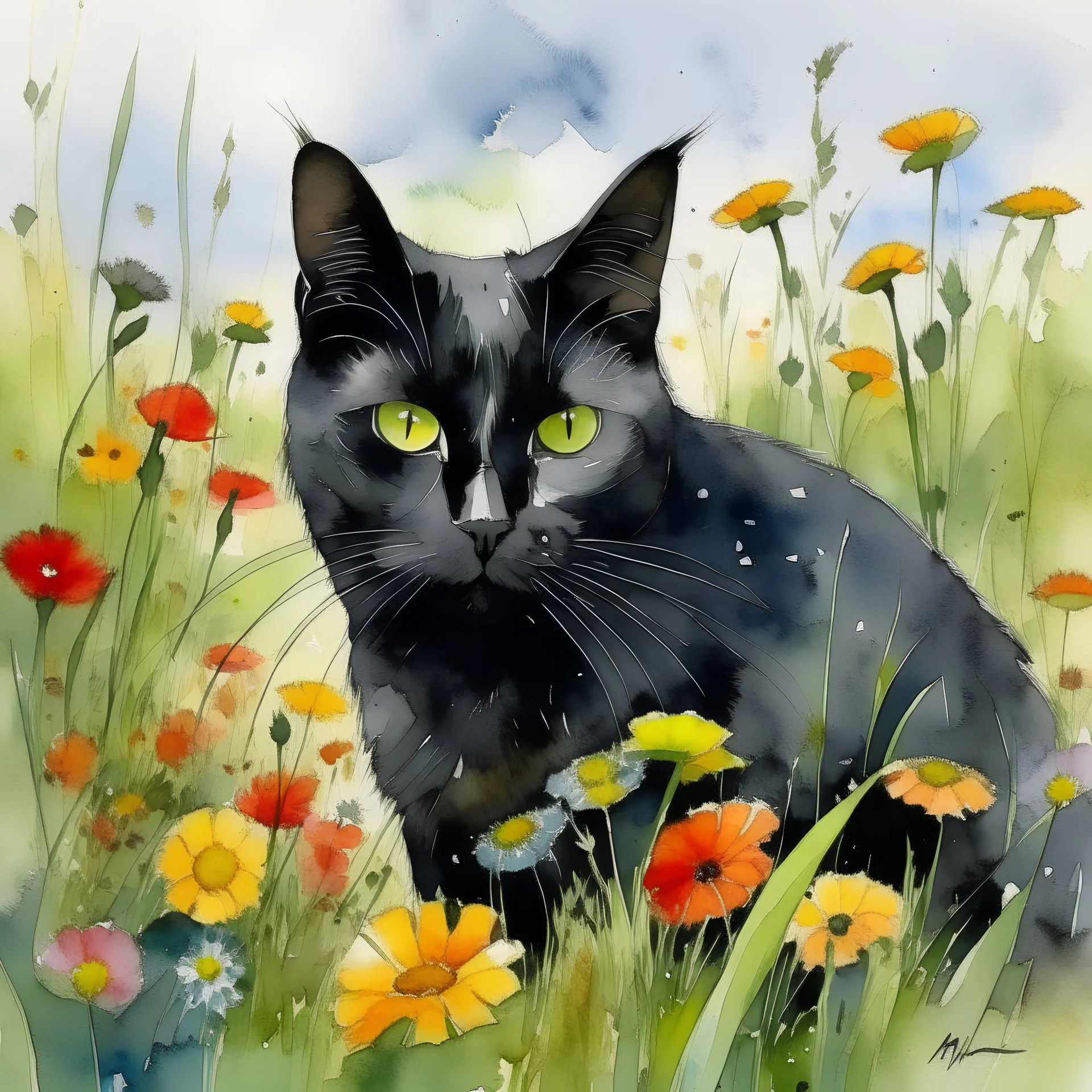 Black Cat Watercolour In A Field Of Flowers wall art