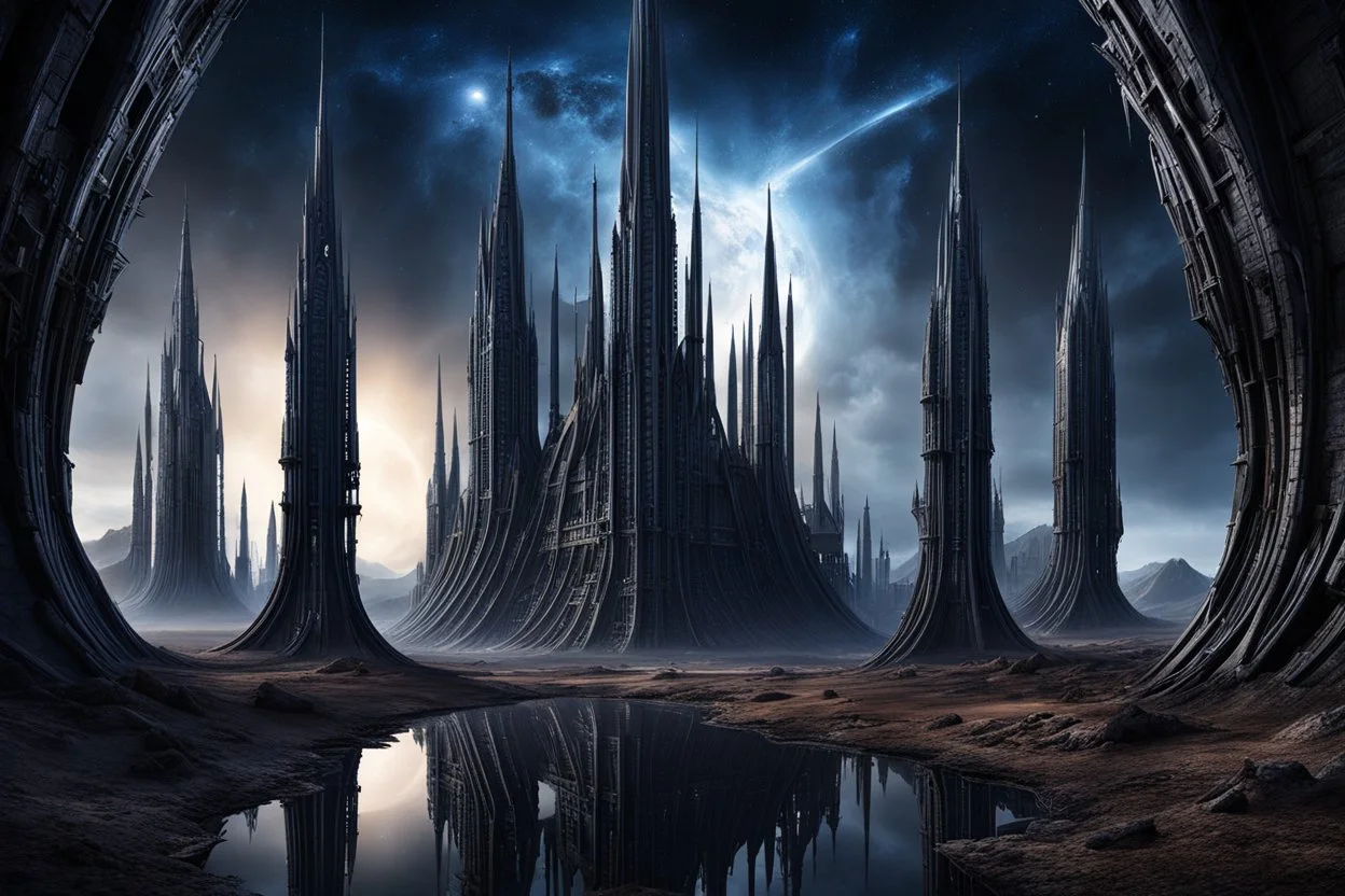 photo from alien dark matter buildings, with weird elongated gothic style, alien constructions, standing long weird creatures alirn landscape, silver, black, brown and dark blue surreal vision, stunning visuals, ultrarealistic dark dreamy world, surreal lighting, reflections, hyper-realistic, detailed, photorealistic, sci-fi mood