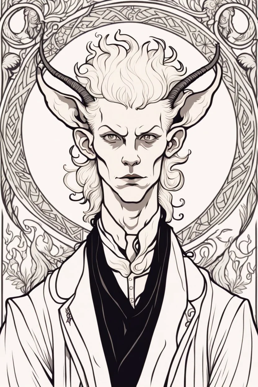 young satyr male albino alchemist with small horns in the style of Aubrey Beardsley