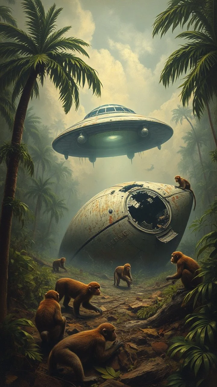 An abandoned damaged UFO spacecraft crashed in the Amazon rainforest , surrounded by monkeys , Busch painting style nightmare