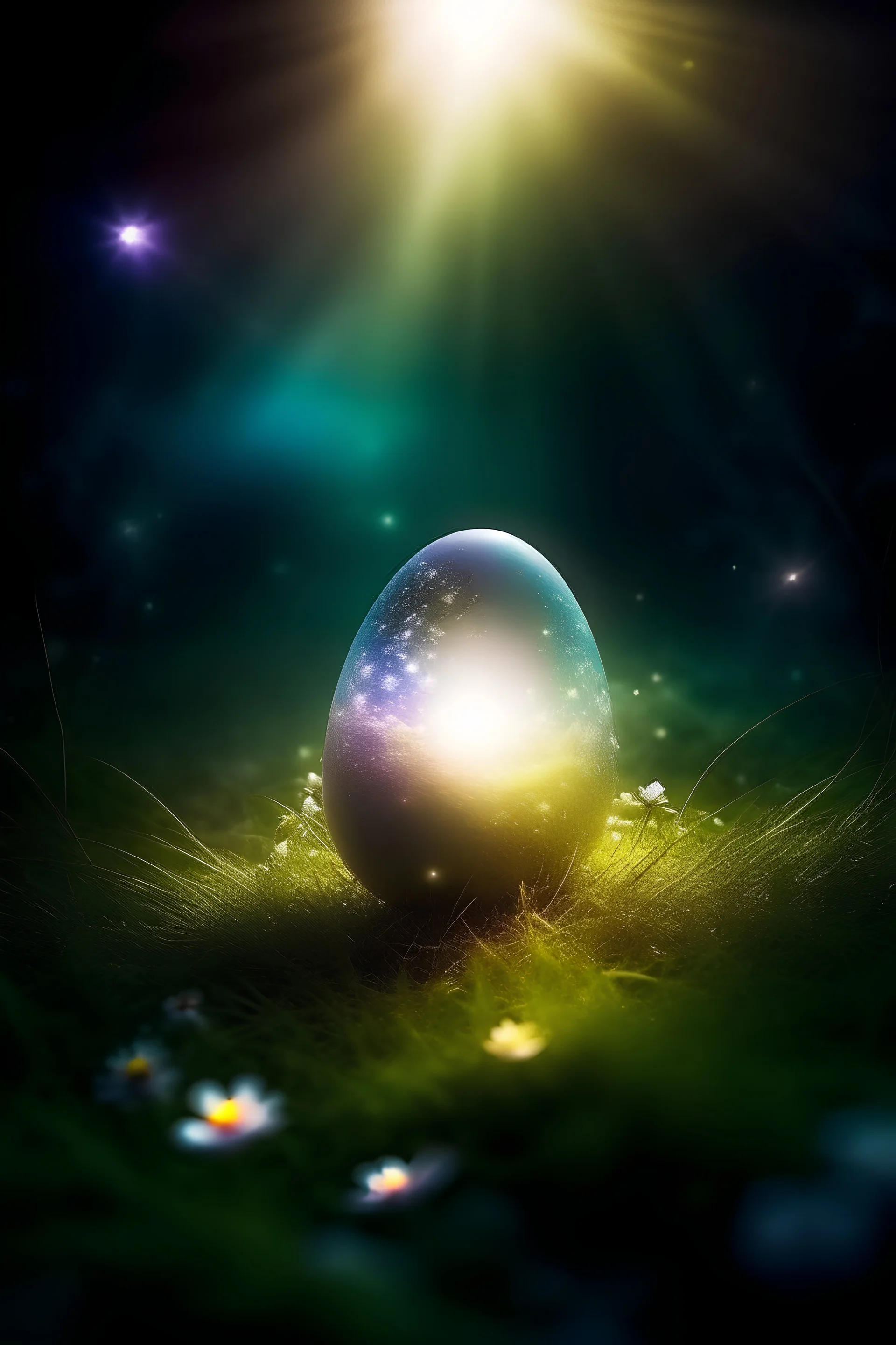 Magic opened egg in the cosmo: a beam of light coming out from it; soft meadow covered in flowers, smooth and lightful
