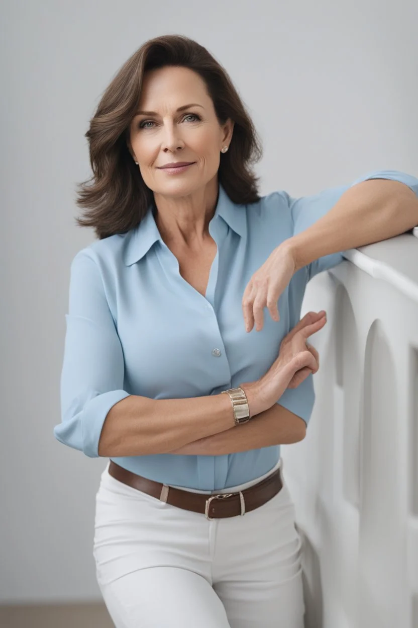 A powerful woman in a light blue blouse, in her 40s