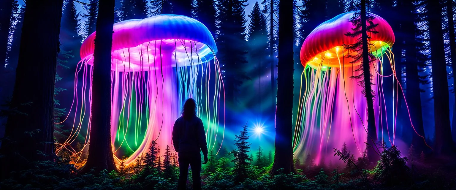 Bigfoot epidemiologist investigating, giant bio luminous Rainbow floating high JellyFish, Medium closeup, light floating in a forest, mist, light trails, nighttime, long exposure, Treeline, Alberta, scientist, Dystopian, Hyper detailed, Realistic, Extreme depth of field, bokeh blur, Alberta all-natural, National Geographic, in the style of candid, imperfection, natural lighting, cinematic, Fuji Film, Anamorphic lens, 2040s, --ar 4:5 --w 150 --style ra