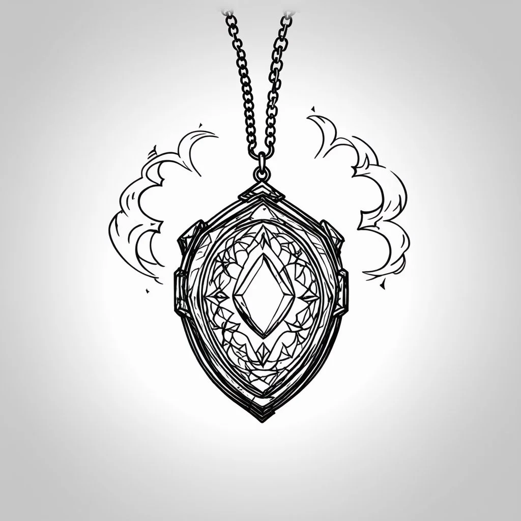 Make black and white cute drawing of a Mystic Amulet with black bold lines. Only outline, no grayscale. An elegant amulet with a glowing gem at its center, hanging on a chain. Surround it with magical light swirls.