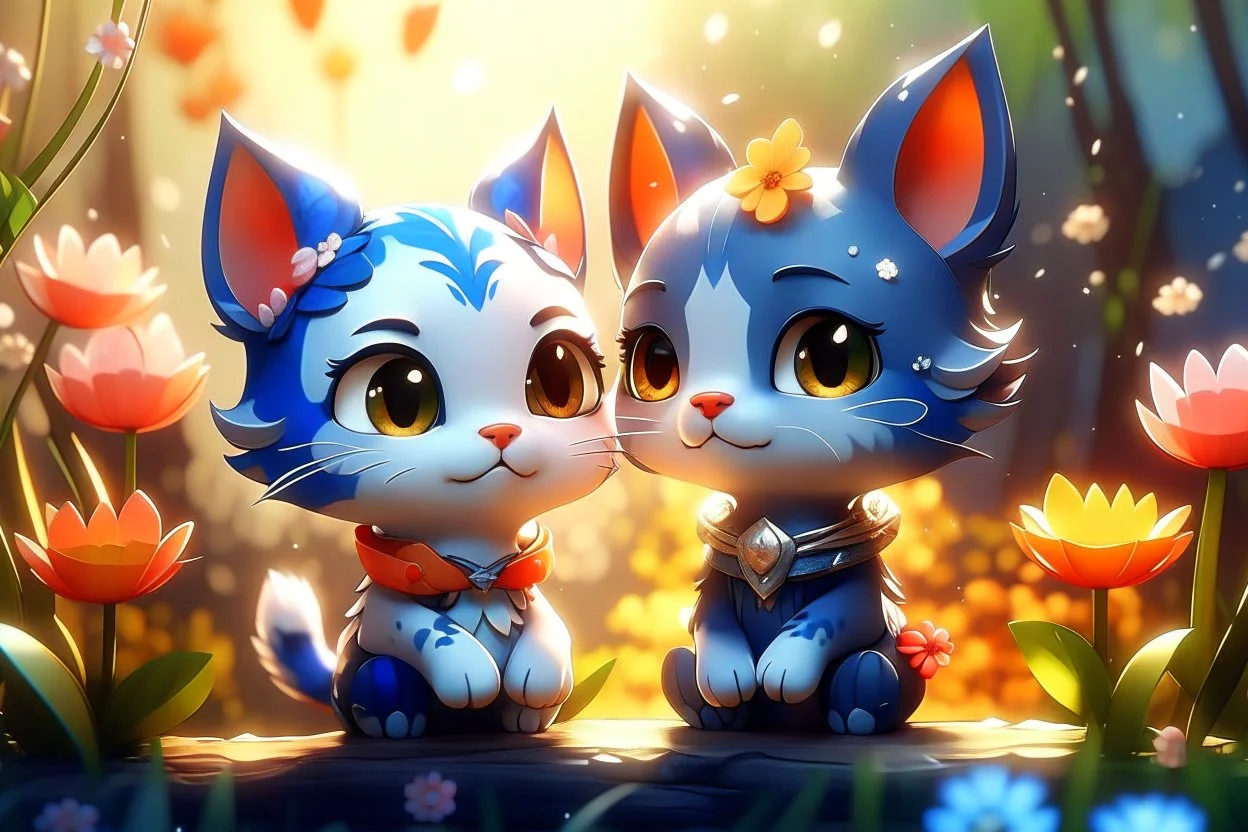 Cute chibi anime cat couple in love, flowers in sunshine, heart and love, watercolor and black ink outlines, ethereal, cinematic postprocessing, bokeh, dof Weight:1 detailed matte painting, deep color, fantastical, intricate detail, splash screen, complementary colors, fantasy concept art, 8k resolution trending on Artstation Unreal Engine 5 Weight:0.9