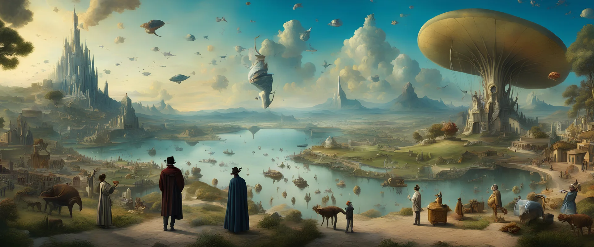 Salvador Dali and Hieronymus Bosch talk to each other at an outdoor surrealist market. A herd of dream-like sky-fish swim high in the far distant sky, with a beautiful surreal outdoor countryside summer scene with hills, pathways, steps, waterfalls, and an intricate fractal sky, very high detail, photorealistic, epic cinematic, 8K, Large depth of field