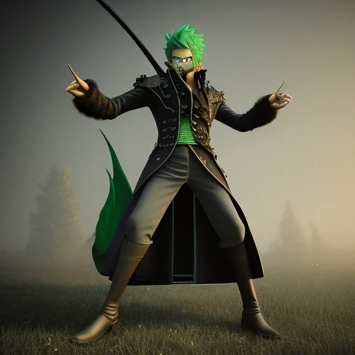 Lorenor Zorro with green hair from one piece in fighting pose, steam punk, scary, horror, realistic, made in octane, cinematic, movie, CGI, ultra-realistic, extremely detailed octane rendering, 8K, VRAY Super Real ar 2:3, dof photorealistic futuristic 50mm lens hard lighting dark gray tintype photograph, realistic lighting, sephia colors