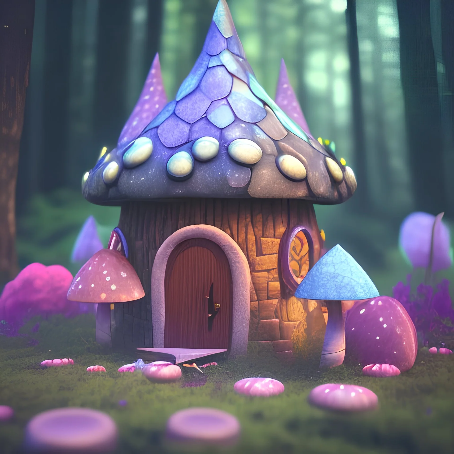 fairy house in the forest, blue and pink lights mushrooms and big flowers around campfire