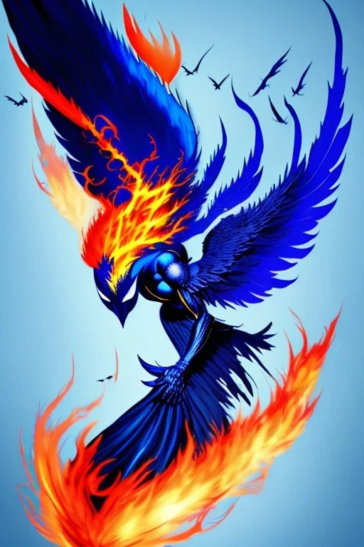 dark, blue phoenix, flaming wings, beautiful, smooth, flying, graceful