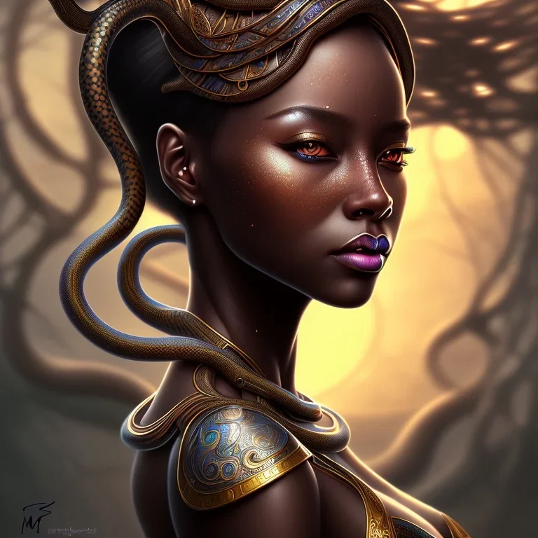 sango fantasy, fantasy magic, intricate, sharp focus, illustration, highly detailed, digital painting, concept art, matte, masterpiece snake head sexy lady body black African beauty space lady wearing African hair more head background