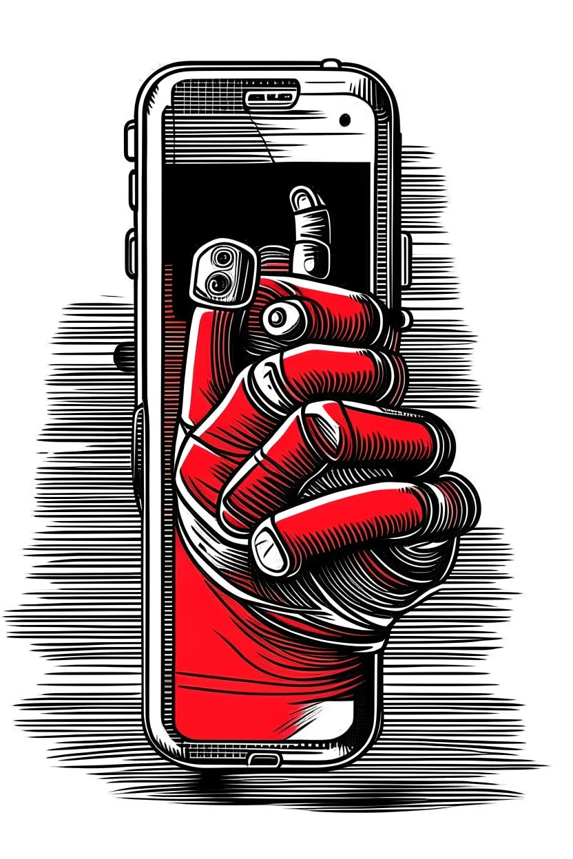 A clunky brick phone with a protruding antenna, held tightly by a gloved hand. A single red bar indicates weak signal strength. Style: Pop Art, Mood: Pop culture, Lighting: Bold, contrasting colors with a focus on the phone, T-shirt design graphic, vector, contour, white background.