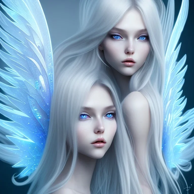  beautiful, soft, smiling face, blue and brilliant atmosphere, long straight blond hair, big fairies transparent wings in the back