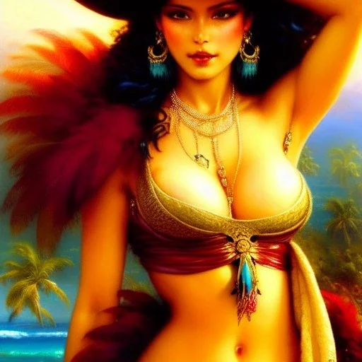 Drawing of beautiful face busty pirate woman,sweet stare,tropical beach,treasure map, parrot pet,ancient leather armor, balanciaga fashion clothe painting by gaston bussiere, greg rutkowski, yoji shinkawa, yoshitaka amano, tsutomu nihei, donato giancola, tim hildebrandt, oil on canvas, cinematic composition, extreme detail,fit full head inside picture,16k