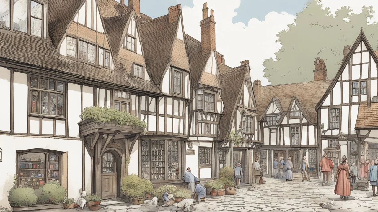 A Paved Courtyard, With Tudor Gothic Houses, Tall Chimneys, Crooked Roofs, a small stream, People, Shops,