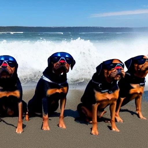 multiple Rottweillers wearing sunglasses on the beach with ocean in background waves crashing