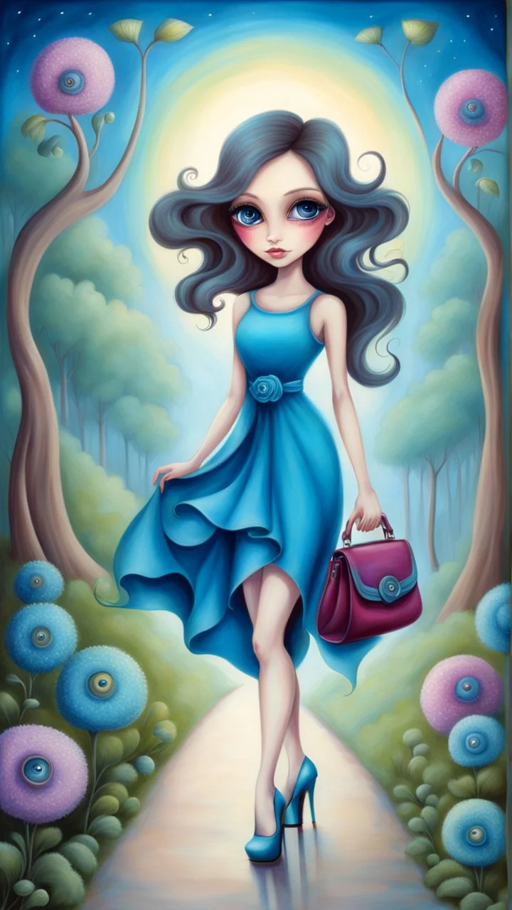 Creëer een mooie realistische Fantasie art, staande mooie vrouw, hoge schoenen, blauwe jurk, met een handtas,kijkt achterom, inspired by Jeremiah Ketner,grote ogen, heldere ogen,