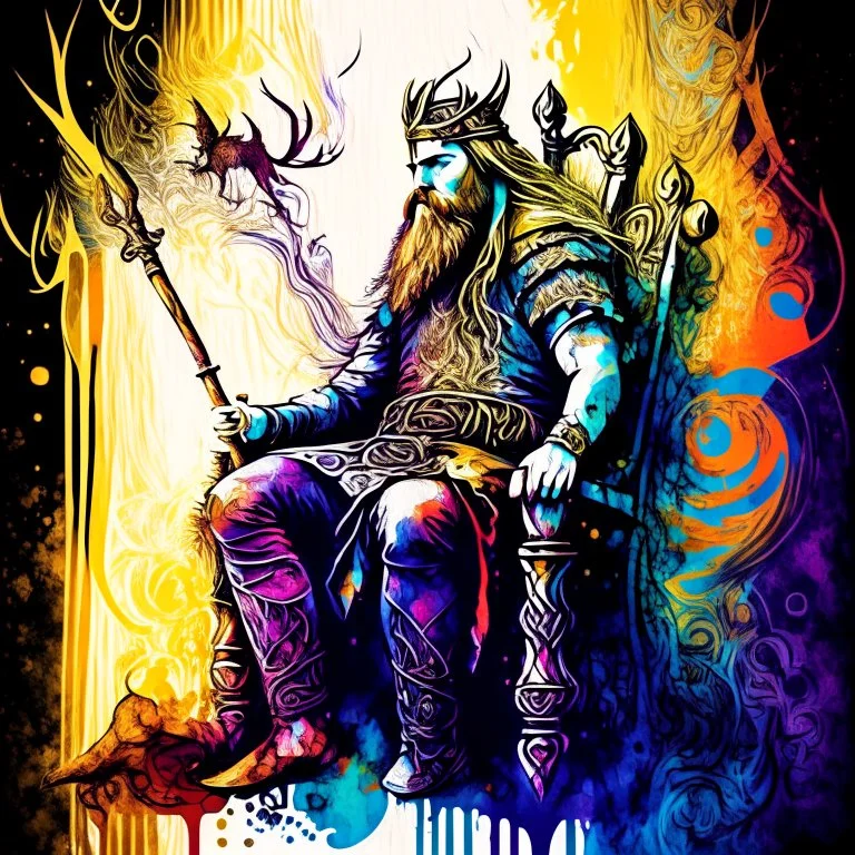 viking holger danske,long swirling beard and hair, his sword is golden, siting on his throne with wolfes on each side, alkohol ink, background swirley colorful with painted dragon on the wall, background colorful