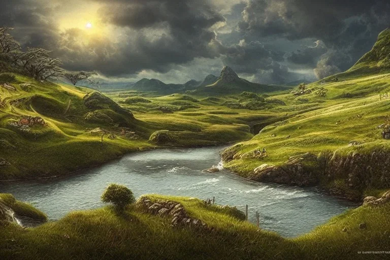 the shire, scenery landscape, lord of the rings, higly-detailed, epic landscape, river, highly detailed, perfect lighting, perfect composition, 4 k, artgerm, hudson river scool