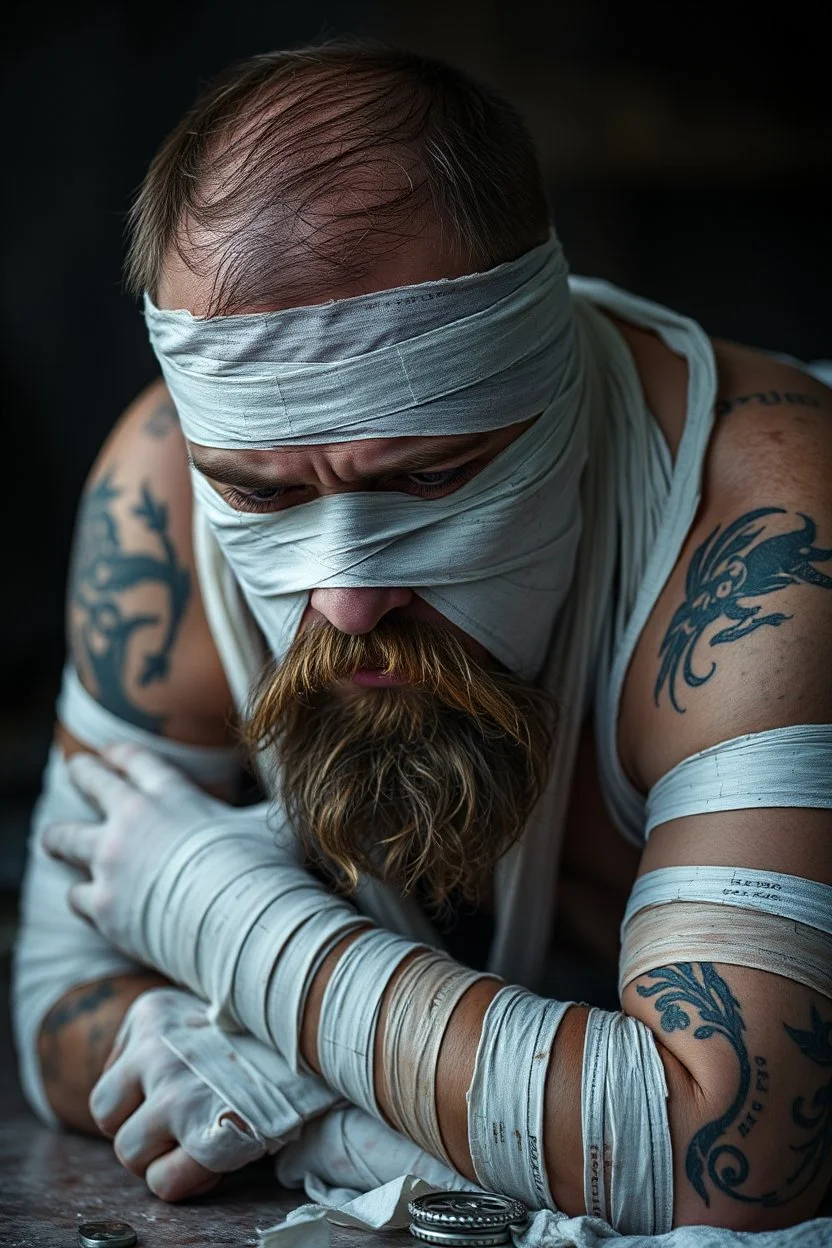 a very sad hurt swedish motorcycle young gang man with beard, he is covered all the body with bandage and are in deep pain, bandage all over him, cripple, lying on the floor