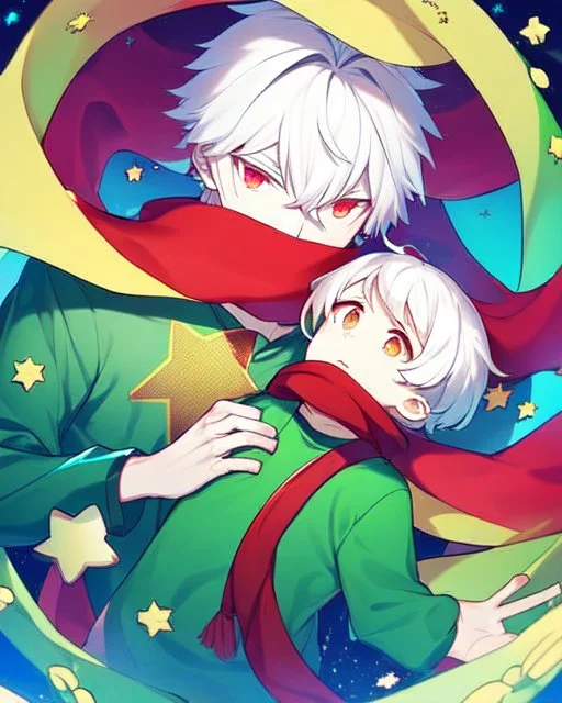 Green clothes with a yellow stripe and star in the middle of the print, short white hair, A young boy, wears a red scarf, has a colorful aura, At the bottom there are several stars, and his eyes are Light green