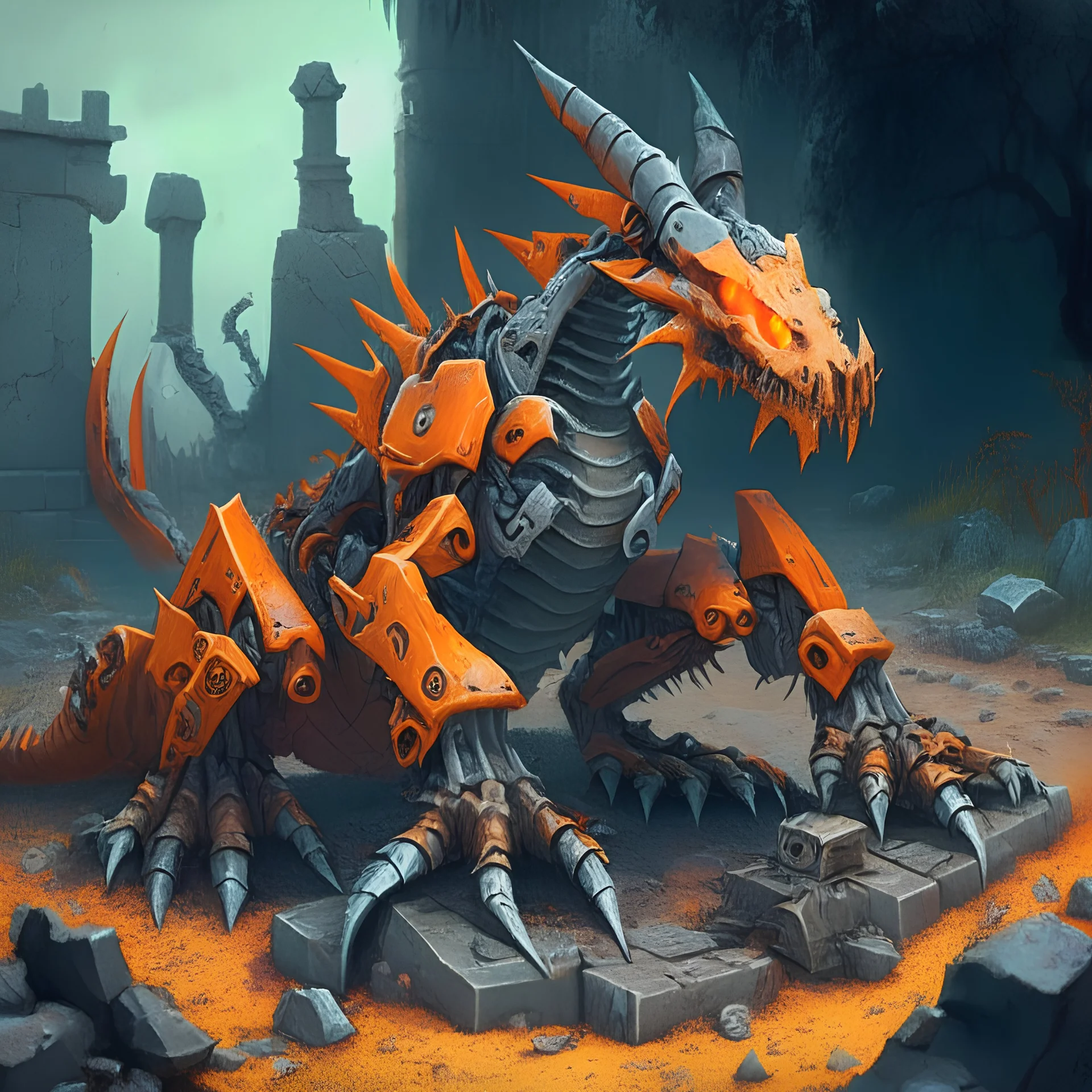 orange scaley robot dragon in grave yard