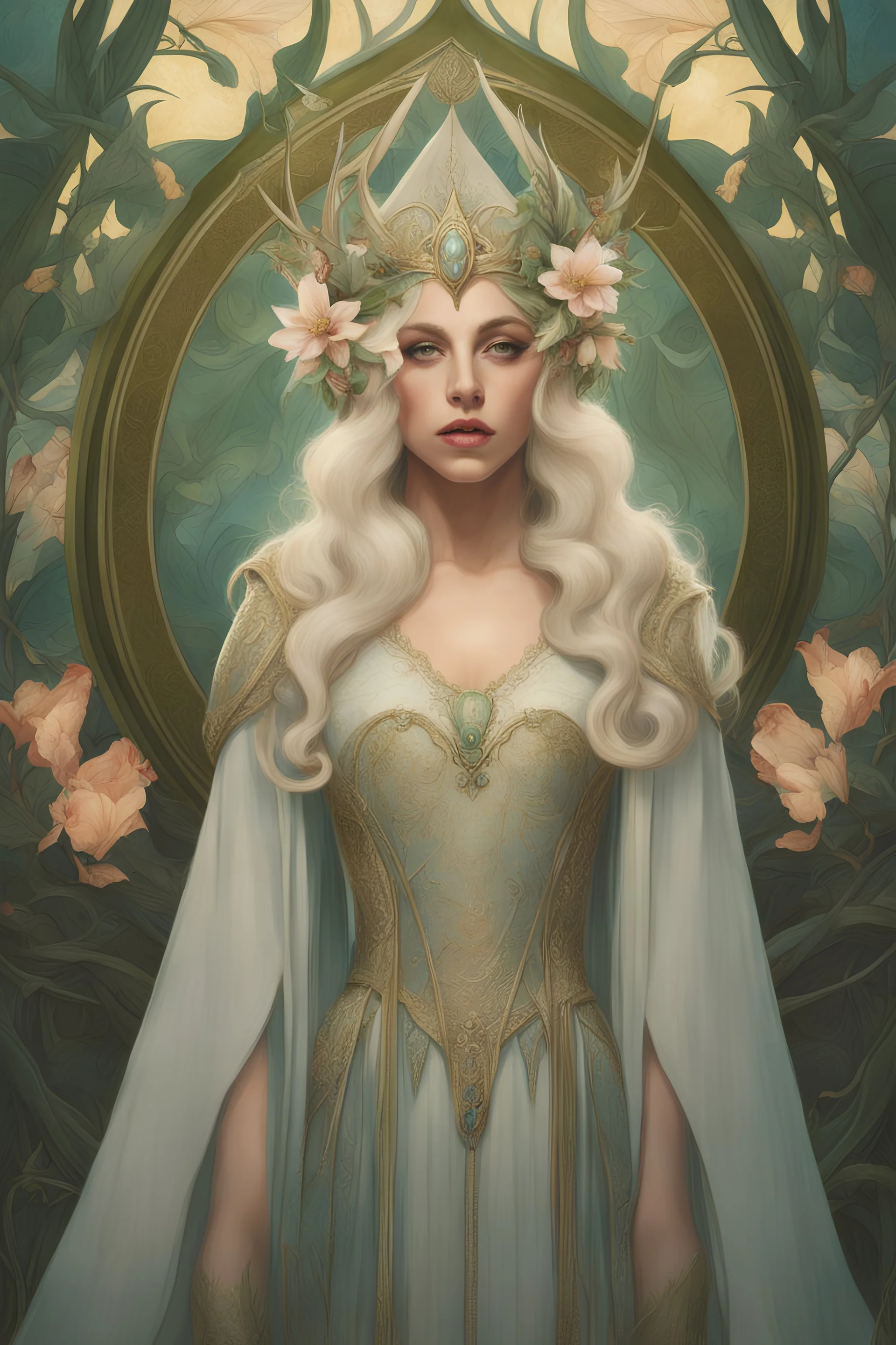 art by Alfons Mucha, Lady Gaga as an elf princess in an elven kingdom, HD 4K