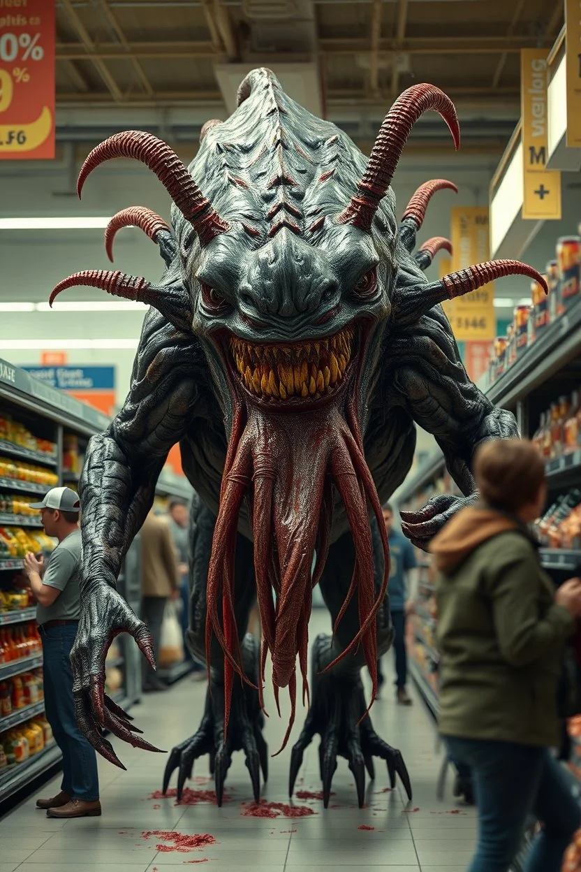 A horrific giant monstrosity abomination monster with sharp teeth, guts, secretions, unnerving appearance, long tongue, grotesque body, poisonous stingers, chasing grocery store employees down the isle, chaos and horror, cinematic body horror