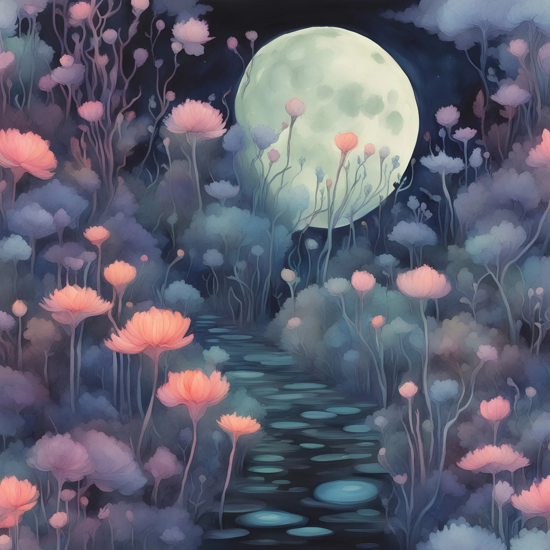 a garden of bioluminescent flowers under a full moon, fantasy, neon watercolors with dark contrasts