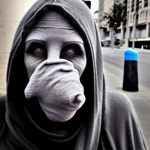 Creepy photo, balaclava alien, homeless lady, nose