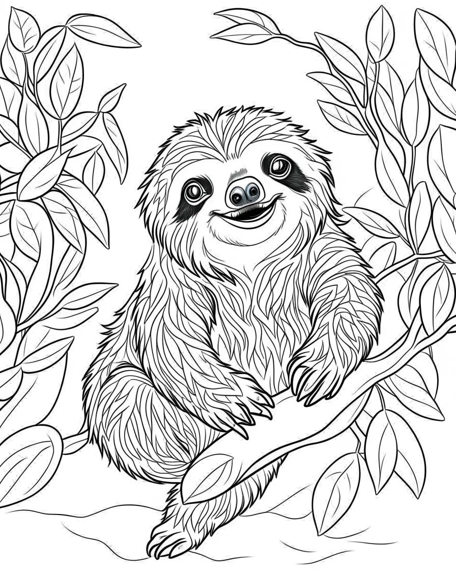 create a 2d black outline, "safari smiling cartoon sloth on a branch coloring book for kids", coloring page, low details design, black contour, coloring page design, simple background, colorful , card style, coloring page for kids, white background, sketch style, safari landscape, cartoon style