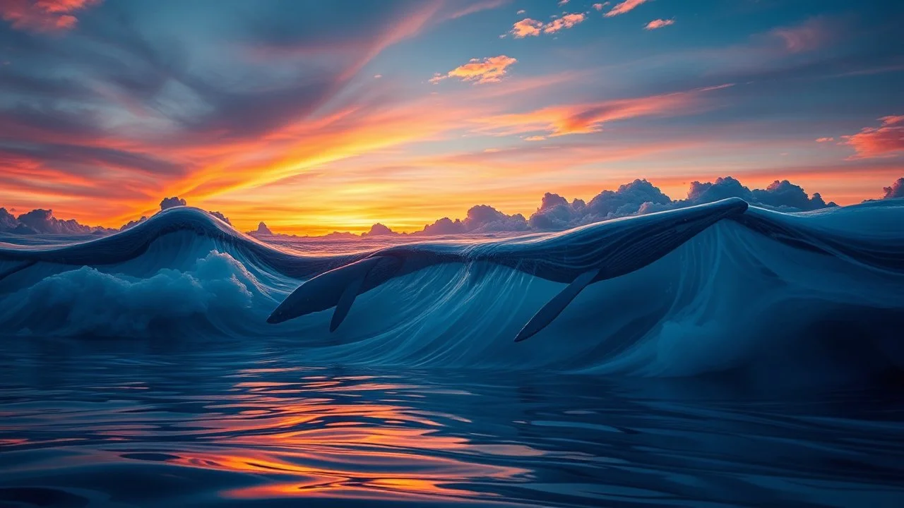 A surreal landscape where the sky is made of flowing water, and giant whales swim gracefully through the clouds, reflecting the colors of the sunset. Photographic quality and detail, award-winning image, beautiful composition.