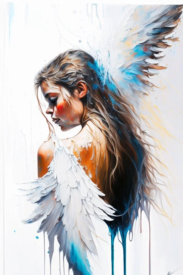 A detailed illustration of a beautiful young female human with growing out of her back. Her skin, hair and face are all made of paint. Her wings are spread. Highly detailed flawless facial features and eyes. Abstract Oil painting splash art. White background, wide angle, abstract design, beautiful, thick flowing paint strokes, dripping paint, fantasy art, modern art, ((soft happy complimentary colors,)) modern aesthetic, focused on the character, 4K resolution.