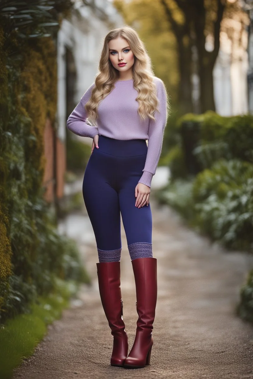 beautiful 18 year old girl with ash blonde hair and blue eyes with her curvy hair down, wearing a long-sleeved woollen top, and lilac long leggings, with long red boots full body standing pose shot